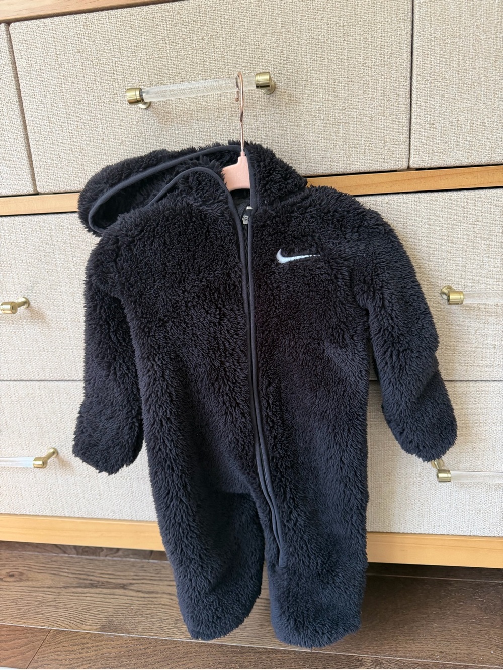 Nike Black Sherpa Hooded Footed One-Piece for Kids